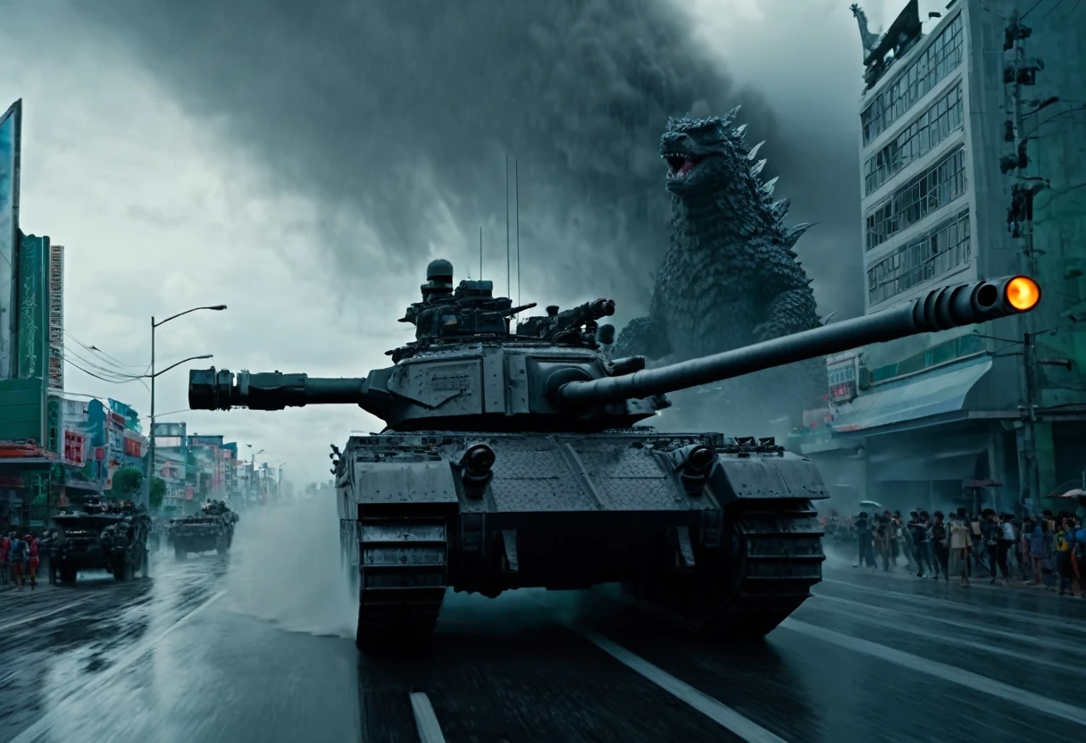 a heavily armed and armored tank, firing its weapons at Godzilla, Godzilla on a rampage in Bangkok, daytime, army assault on Godzilla, photorealistic, 8k, cinematic lighting, dramatic angles, intense action, powerful explosions, detailed textures, dystopian cityscape, dark clouds, rain and mist, epic scale, highly detailed, masterpiece