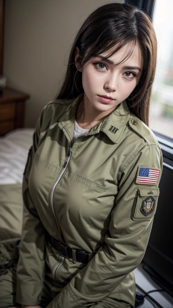nsfw、((masterpiece、highest quality、Realistic、Very detailedな、High resolution、Photorealistic、Sharp focus))、Beautiful woman、(Cowboy Shot)、Super busty women、Big eyes、Soft Skin、Pale skin、Lift your chin a little、Shut your mouth.、smile 、Sad expression、Beautiful and detailed short hair with bangs、((army camouflage uniform))、Camouflage Tactical Vest、((Camouflage pants))、Strapped combat gloveachine gun、((A simple black undershirt))、Tank in the background、White smoke、Detailed hand drawing、((((Take off your pants))))、(((Wearing white panties)))、((Delicate painting))，(Detailed RAW photos of girls), (Pieces fly:1.25), (highest quality:1.6), (超High resolution:1.5), (that&#39;s photoRealistic:1.75), 8K resolution, Canon EOS R5, 50mm, Confused, Very detailed,Cinema Lighting,