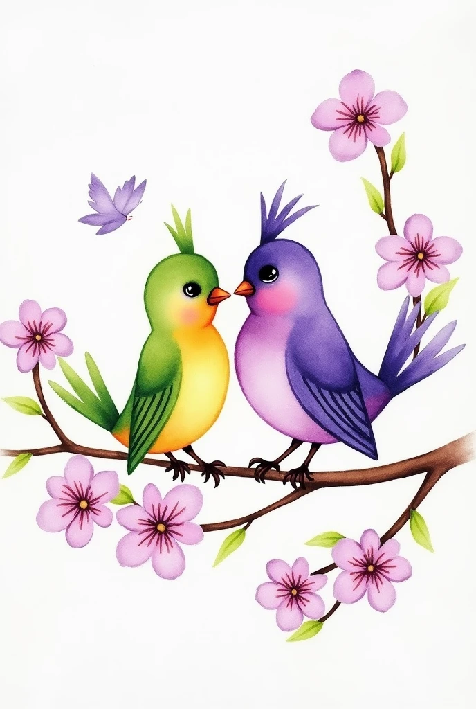 Ink and watercolor:1.38.Painting of two birds sitting on a branch with flowers, brightly colored bird, Purple和, Cute, colorful and adorable, Lavender Color and Color Schemes, 和Purple的配色方案, Mysterious Birds, Beautiful Art,  Purple, Whimsical Art, 和Purple色调, Lime and Violet, Close together, Birds and Butterflies, spring, Inspired by Tomokazu Matsuyama, Pleasant