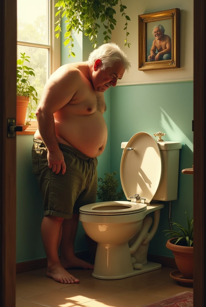 (photorealism:1.2), cute, chubby, middle-aged, white hair, man, standing, urinating in toilet, in bathroom, extreme look of pleasure on his face, soft lighting, plants in background, window with sunlight, cozy room, relaxed loving pose, realistic, intricate details, warm colors, by Greg Rutkowski, by Alphonse Mucha