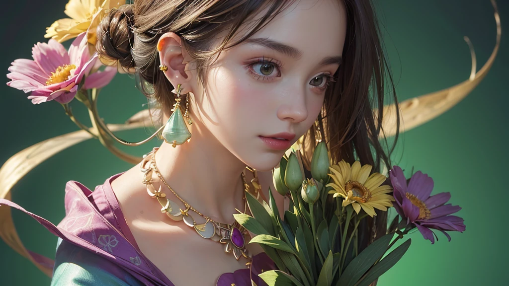 32K, 最高quality, 最高masterpiece, (ultra-Detailed Background, Detailed Background), High resolution, Super detailed, Very detailedな, One girl, (bouquet:1.3), (Tangled:1.2), (Geometric:1.2),(colorful),(masterpiece, quality, best quality, Official Art, Beautiful and beautiful:1.2), (1 girl:1.3), Very detailed,(colorful:1.1)(Flowers:1.3),Most detailed,(Tangled:1.2), whole body, (Abstract background:1.3), (Skin glows), (Many colors:1.4), ,(Earrings Jewelry:1.5), Light green background,