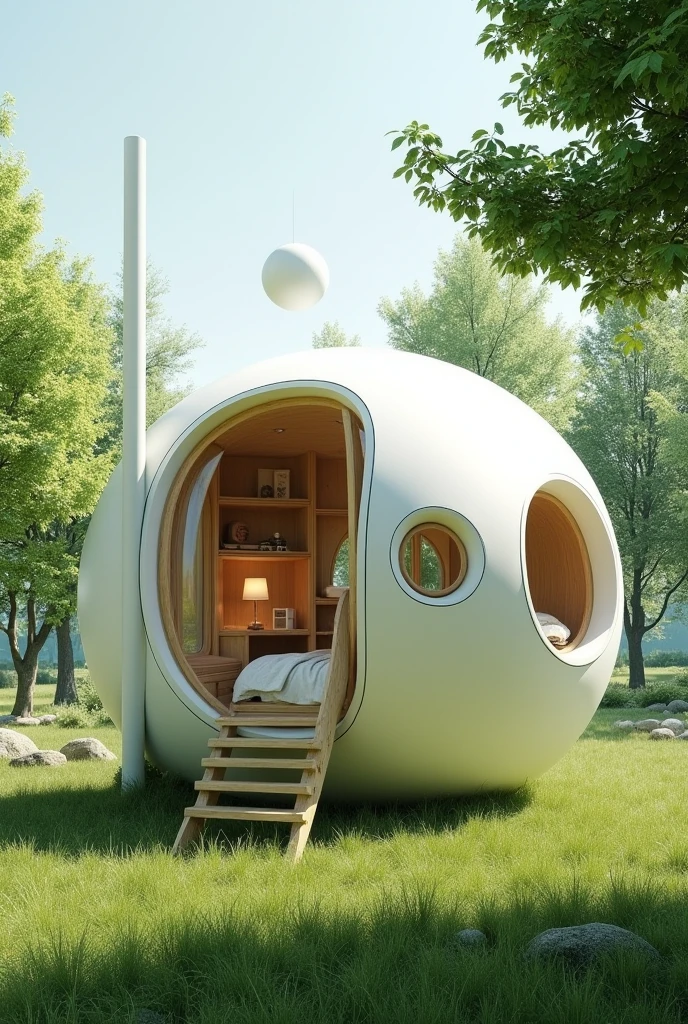create furniture inside a round sphere
Make it a white sphere、Build it on a wide grassland
Attach a door and windows to the sphere
Support it with a long stick
Make the bed and shelves visible
Grow trees and grass around it、Make it a sphere so you can feel the nature