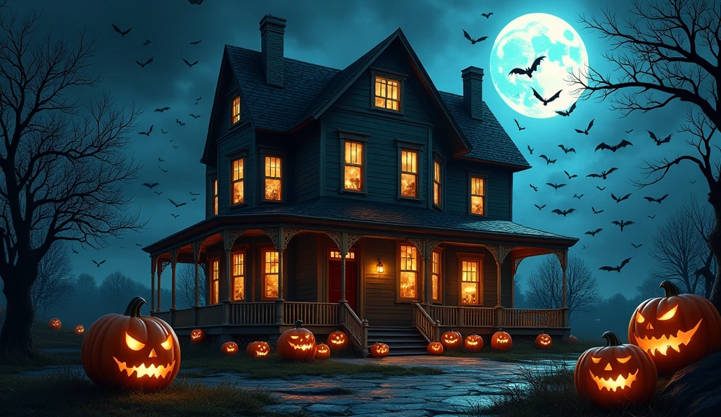 An old horror-themed house decorated with pumpkins and skulls on Halloween and the night sky filled with flying bats