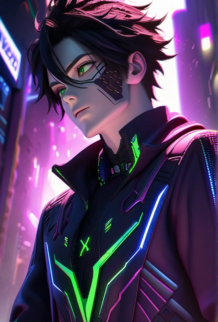 anime style, 1 man with short black hair and green eyes, wearing a black and purple hooded futuristic cyberpunk outfit, playing cards, intricate details, octane render, 8k, HDR, cinematic lighting, chiaroscuro, dramatic colors