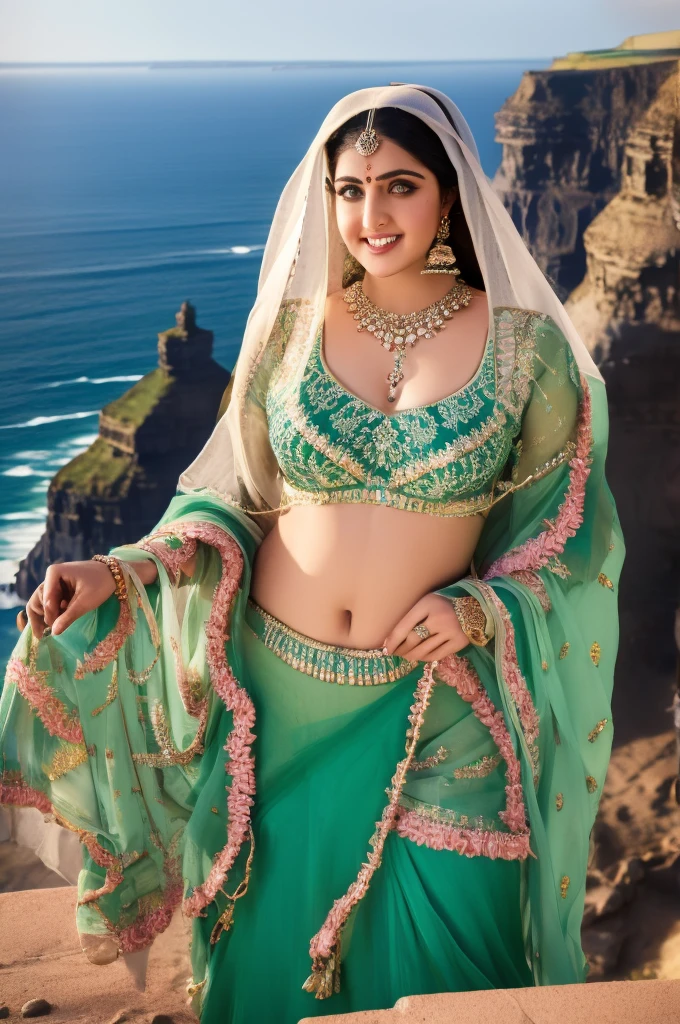 1 Heavenly beautiful and goddess beauty cute and sweet looking face Arabian woman in front of Cliffs of Moher, Heavenly beautiful Overweight, Heavenly beautiful Extremely fat, Heavenly beautiful and attractive Chubby figure , Heavenly beautiful looking and eye catching luxury style Indian lehenga and bra, reaching out, Heavenly beautiful Arabian woman, 16k, High resolution, masterpiece, highest quality, fine skin, outside view, Realistic Photograph, close up figure vie
