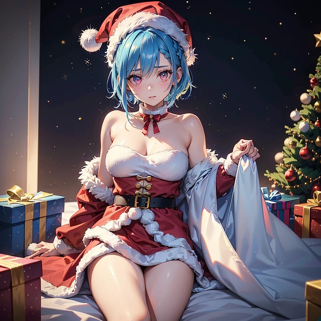 (Sky blue hair),(Braided short hair), (Pink Eyes),Fair skin) ,(whole body),(One Girl),(Gift boxes filling the background),(Santa Claus clothes),Santa Claus hat,(Christmas Party),(masterpiece, Highest quality, Very detailed, Best Shadow), (Detailed Background), (Beautifully detailed face), High Contrast, (Best lighting, Very delicate and beautiful), ((Cinematic Light)), Hyper Detail,8k, Dramatic Light, Intricate details,night,Christmas tree