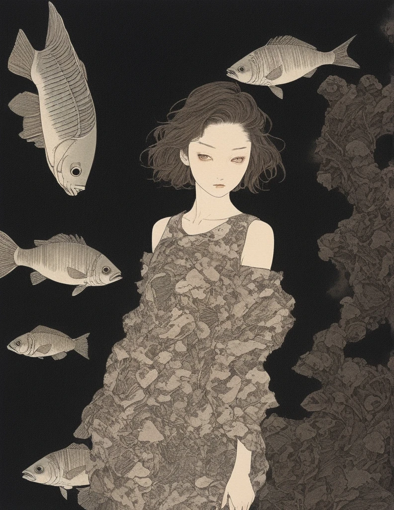 Generate an illustration of a beautiful girl looking at a museum exhibition room lined with fish bone specimens, in the style of Takato Yamamoto. The main focus is on the fish specimens. The exhibition room is dark, and only the fish bone specimens are lit up. Please incorporate fantasy elements into the fantastical scenery.
