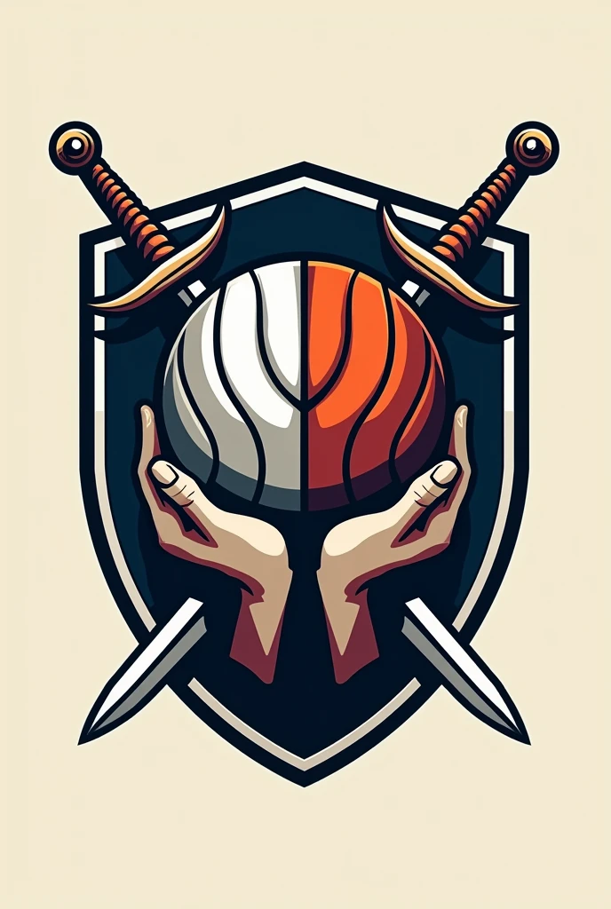 Create a logo, entitled MNP knights the design is half volleyball ball and basketball ball with two hands and shield and swords