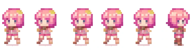 the very same person character chips , masterpiece , 6 poses (put out one's left foot , put out one's right foot , 2 front-facing poses , 2 back poses),best quality , pixel , pixel art , xiangsu , xiang su , sequence frames , walking , 1 girl , fantasy clothes , full body , white background , heroine , deformed , sexy , chibi , Highly Exposed , pink clothes , pink hair , walking frame
