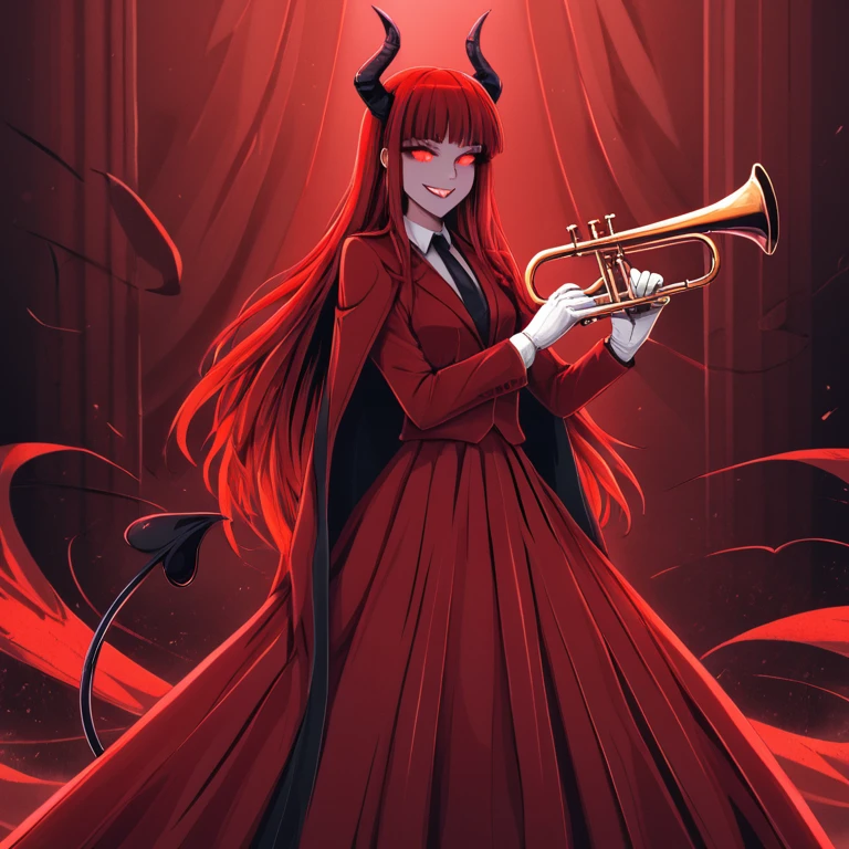 beautiful, (masterpiece), best quality, (extremely deTailed face), extremely deTailed eyes, Perfect lighting, OverallDeTail, deTailed, Deep skin,Textured Skin, Lucifer, trumpet, Devil Girl, demon trumpet, mole, mole under eye, white trumpet, Tail, demon Tail, Long hair, Bangs,red long skirt, collared skirt, Gloves, formal, ,Evil smile, ,evil eyes, evil smile, , Defaultz style,Red Theme