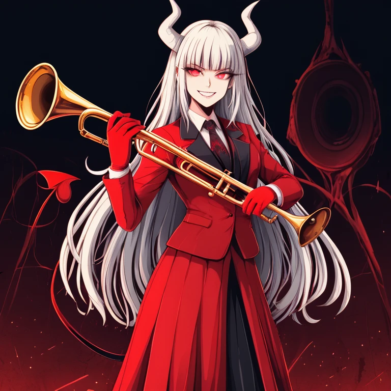 beautiful, (masterpiece), best quality, (extremely deTailed face), extremely deTailed eyes, Perfect lighting, OverallDeTail, deTailed, Deep skin,Textured Skin, Lucifer, trumpet, Devil Girl, demon trumpet, mole, mole under eye, white trumpet, Tail, demon Tail, Long hair, Bangs,red long skirt, collared skirt, Gloves, formal, ,Evil smile, ,evil eyes, evil smile, , Defaultz style,Red Theme