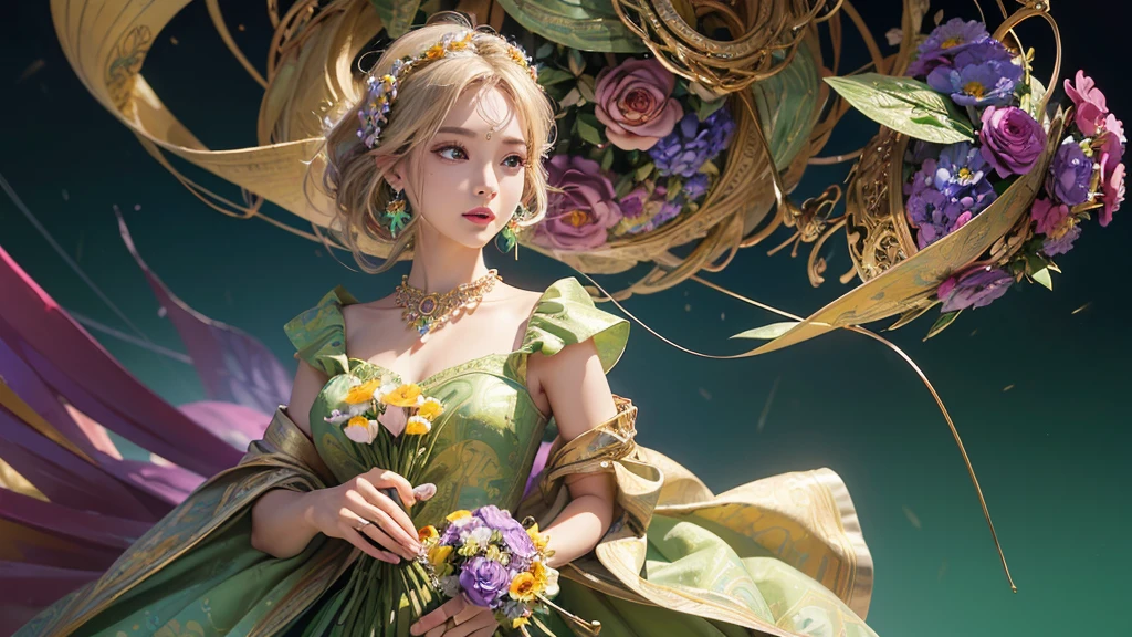 32K, 最高quality, 最高masterpiece, (ultra-Detailed Background, Detailed Background), High resolution, Super detailed, Very detailedな, One girl, (bouquet:1.3), (Tangled:1.2), (Geometric:1.2),(colorful),(masterpiece, quality, best quality, Official Art, Beautiful and beautiful:1.2), (1 girl:1.3), Very detailed,(colorful:1.1)(Flowers:1.3),Most detailed,(Tangled:1.2), whole body, (Abstract background:1.3), (Skin glows), (Many colors:1.4), ,(Earrings Jewelry:1.5), Light green background,