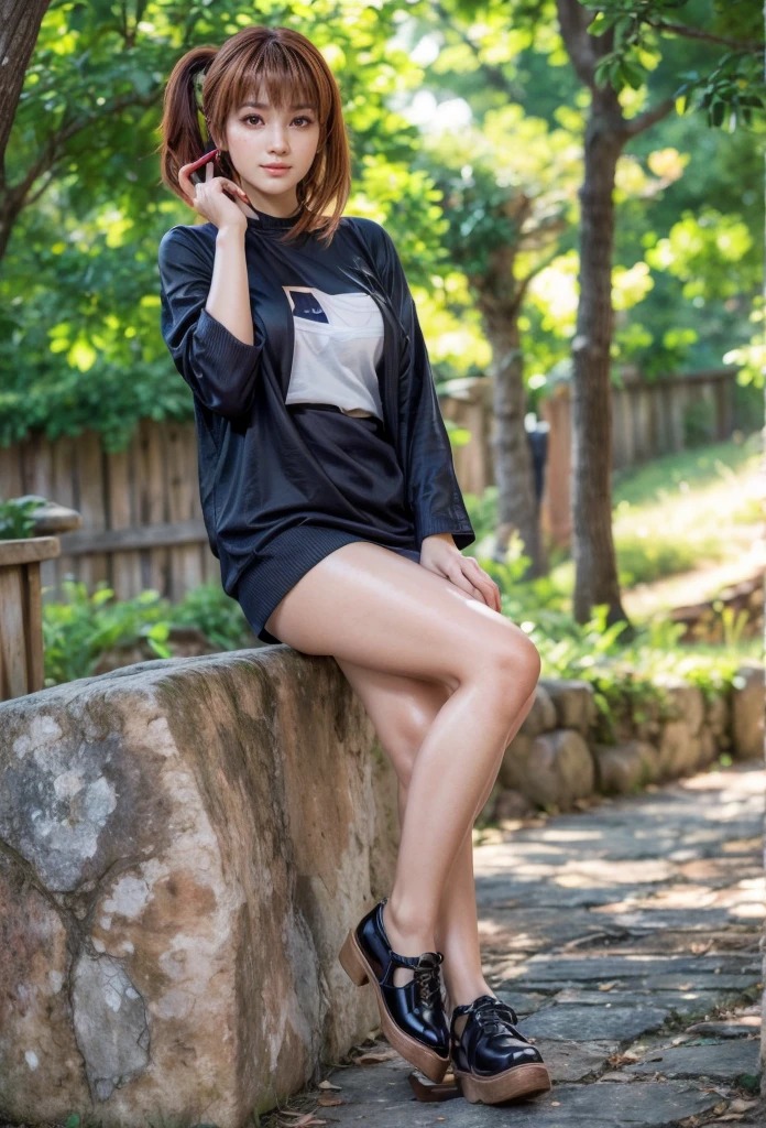 kasumi, eyes browns, (best qualityer, ultra detail), (realisitic:1.37), beautiful and detailed face, ultra-realisitic texture, Exquisite face, Delicate body, red lipgloss stick, shiny colors. High definition, 8k, expression a slight cute smile