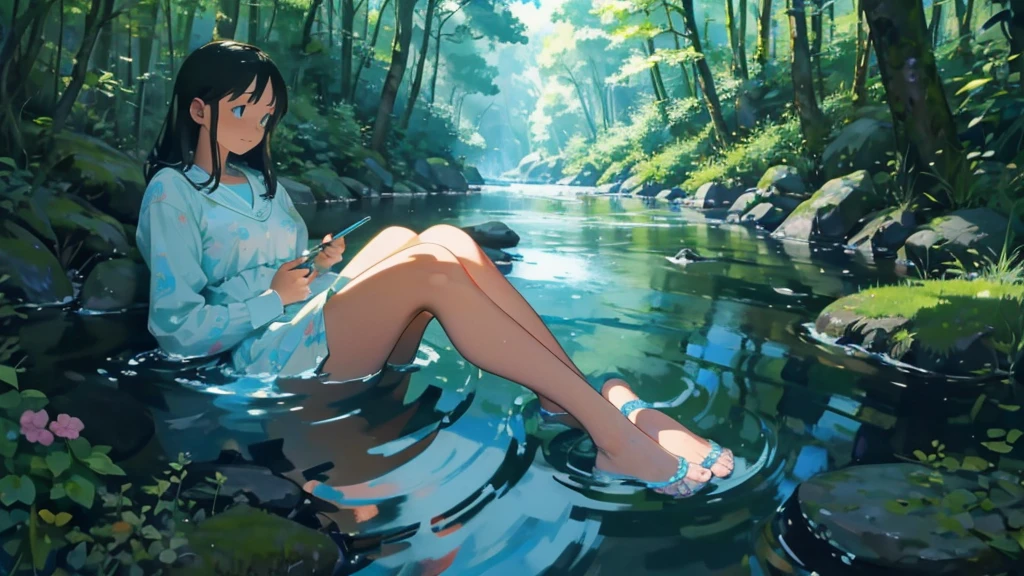 By the stream in the woods、Scene with pretty young woman relaxing with her feet in water、Perfect Face、particle