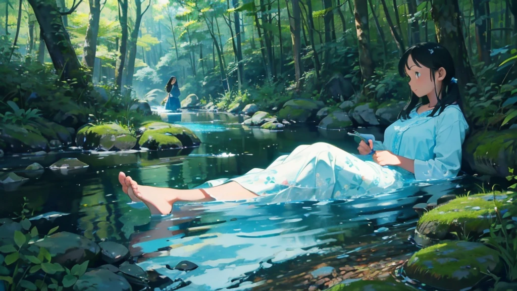 By the stream in the woods、Scene with pretty young woman relaxing with her feet in water、Perfect Face、particle