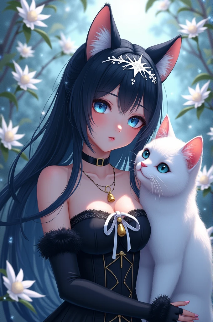 white foot, blue eye color, long black hair with cat ears and piecipg in the ears, tiara of white stars and white flowers with leaves, necklace with a yellow bell, black strapless corcet with a small white bow on the chest, legwarmers something fluffy in the arms, black in the shape of a cat, a white cat next to it