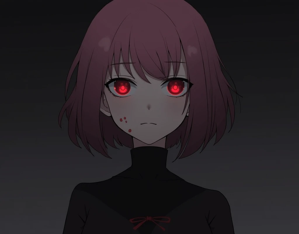 masterpiece, best quality, <lora:yameroyandere-v2:0.75>, (crazy eyes:1.3), (crazy smile:1.45), (shaded face:1.1), mature female, dark, dark background, <lora:add_detail:0.8>, yandere, yandere trance, empty eyes, red eyes, half-closed eyes, wide-eyed, oil painting \(medium\), (watercolor \(medium\):0.8), film grain, pink hair, short hair, short hair with long locks, sidelocks, (very short hair:1.08), tomboy, (chromatic aberration:1.15), staring,