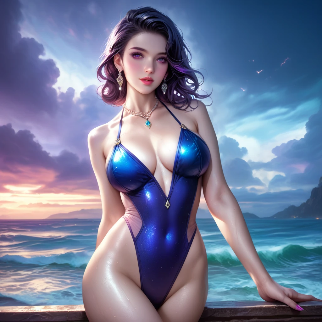 score_9, score_8_superior, score_7_superior, A masterpiece in 32K resolution,Highest quality,it is really amazing,Very detailed,Ultra-high resolution,Ultra-realistic,Realistic,Increased depth of field,Cinematic lighting,
Elegant mature Japanese woman,
black straight medium hair,Ultra-detailed and beautiful face,Calm expression,Translucent white skin,Realistic skin texture,Great proportions,
Sexy high leg dress swimsuit,
Luxurious design,Chic color patterns,Beautifully detailed decoration,Detailed fabric texture,
Gorgeous necklace,Earrings,
Dark skies before the storm,Dark clouds covering the dark sky,Thunderclouds rolling in,Coastline at night,Stormy seas,delay々A desolate sandy beach that continues,
Dramatic Angle,