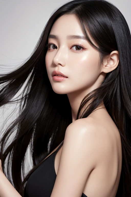 ８K for realistic images。A slender woman with long black hair wearing a moisturizing beauty face sheet on her face。