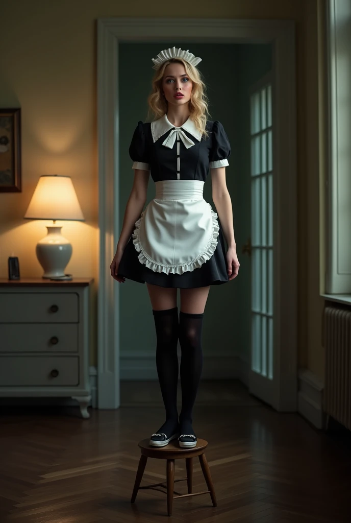 a girl standing on a stool, frightened by a mouse in a room with low lighting. The girl should be dressed in a 1950s-style maid uniform, including a girdle under a short skirt and black stockings. She should have bold makeup with pink cheeks and lips slightly open, as if she's startled, very sexy girl