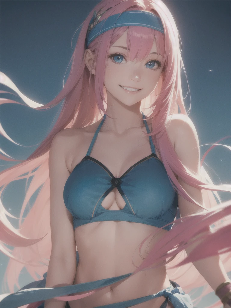 High resolution, Highest quality, High-resolution model, One girl, Long Hair, bangs, Pink Hair, chest, smile, blue eyes, Smiling with teeth showing, Simple Background, Headband, Background blur, abstract,