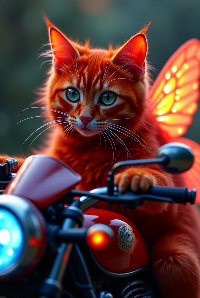 Red cat riding a motorcycle like in motogp ,(highly detailed:1.2),(best quality:1.2),(8k:1.2),sharp focus,(subsurface scattering:1.1),award-winning photograph,professional portrait photography,(close shot:1.1) (glowing bioluminescent forest:1.2),iridescent fairy wings,sultry expression (very detailed background:1.2),(magical fantasy:1.0), (knollingcase:1.1),(analog style:1.1),(modelshoot style:1.2),dramatic lighting