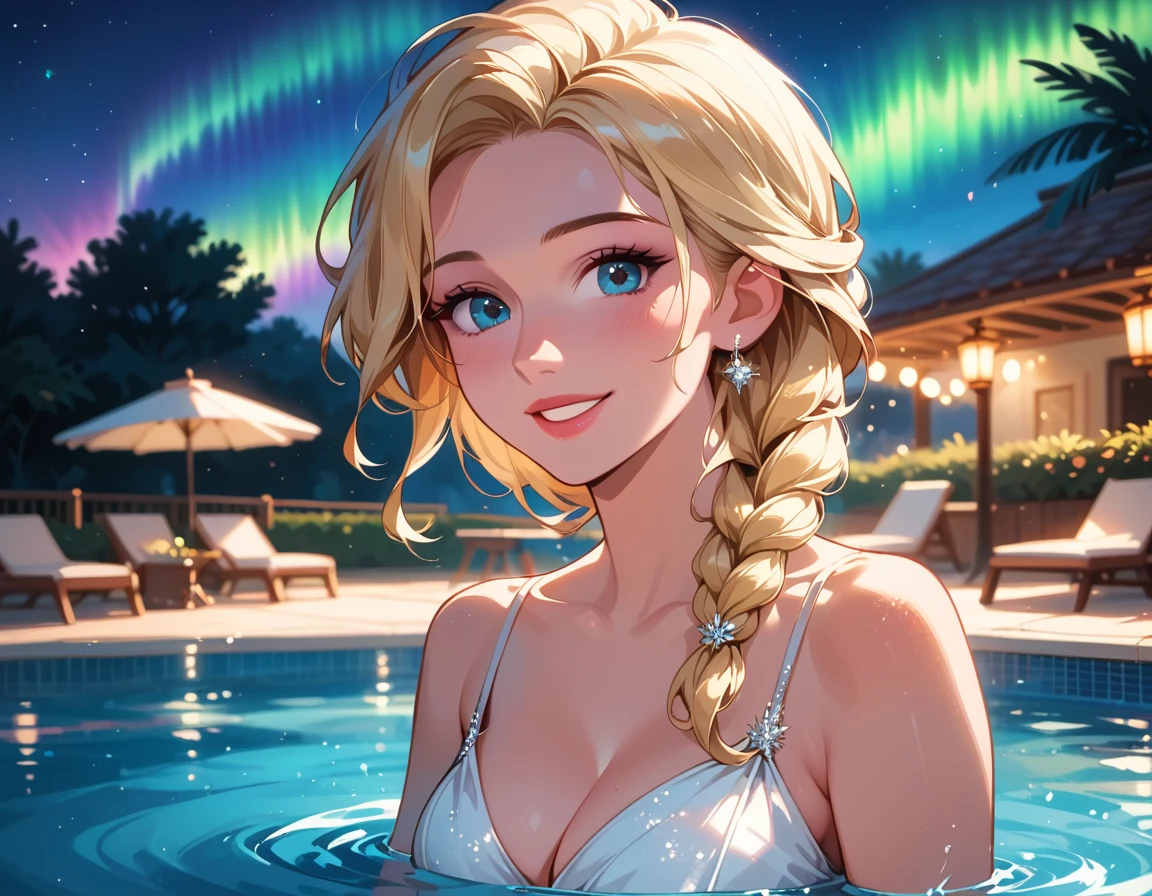 score_9, score_8_up, score_7_up, score_6_up, cinematic film still, 1girl, mature elsa (blonde hair, braid:1.1), (majestic white dress:1.3), cleavage, standing near pool, elegant party, smiling, (cinematic lighting:1.2),, shallow depth of field, vignette, highly detailed, high budget, bokeh, cinemascope, moody, epic, gorgeous, film grain, grainy, moonless night, aurora borealis, floating lanterns, beautiful eyes, highly detailed eyes, (close-up:1.4).