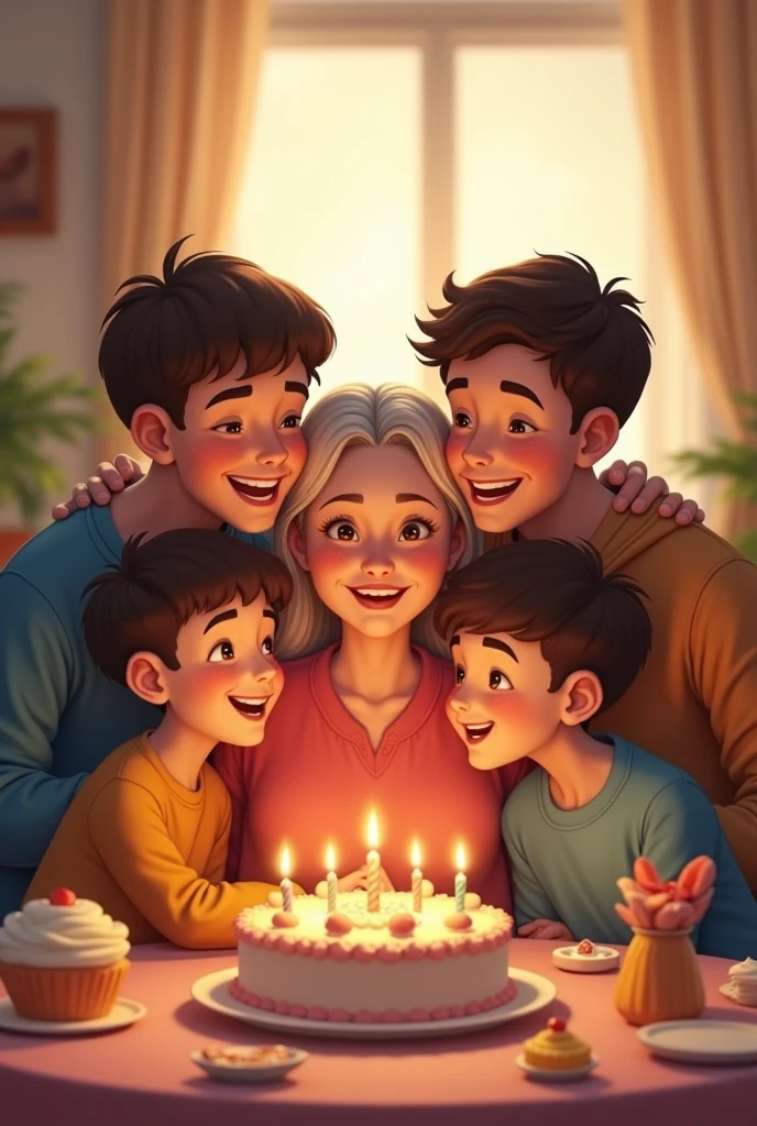 My mother is short, 66 years old, weighs 103 kilograms. She has 3 sons.
The first son is 33 years old.
The second son is 24 years old.
The third son is 23 years old.
Please enter text. "Happy Mother's Day" rin