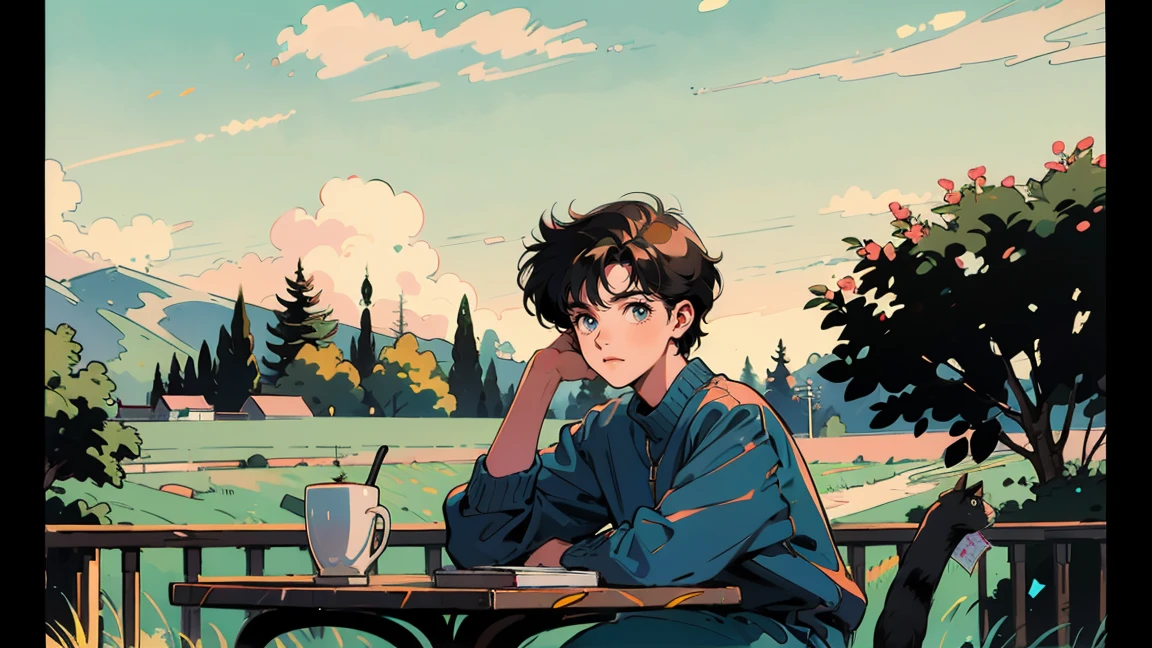 Highest quality, 8k, 1990s style,Hairstyles of the 2010s, 15-year-old girl, Black Hair, Short Hair, Light brown eyes, countryside, pants ,morning, I am studying, whole body, Relax Coffee,table,making,look at me, Black cat