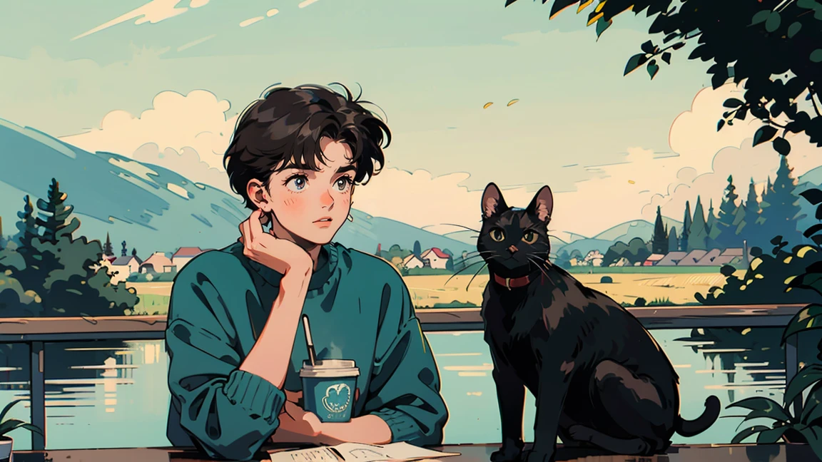Highest quality, 8k, 1990s style,Hairstyles of the 2010s, 15-year-old girl, Black Hair, Short Hair, Light brown eyes, countryside, pants ,morning, I am studying, whole body, Relax Coffee,table,making,look at me, Black cat