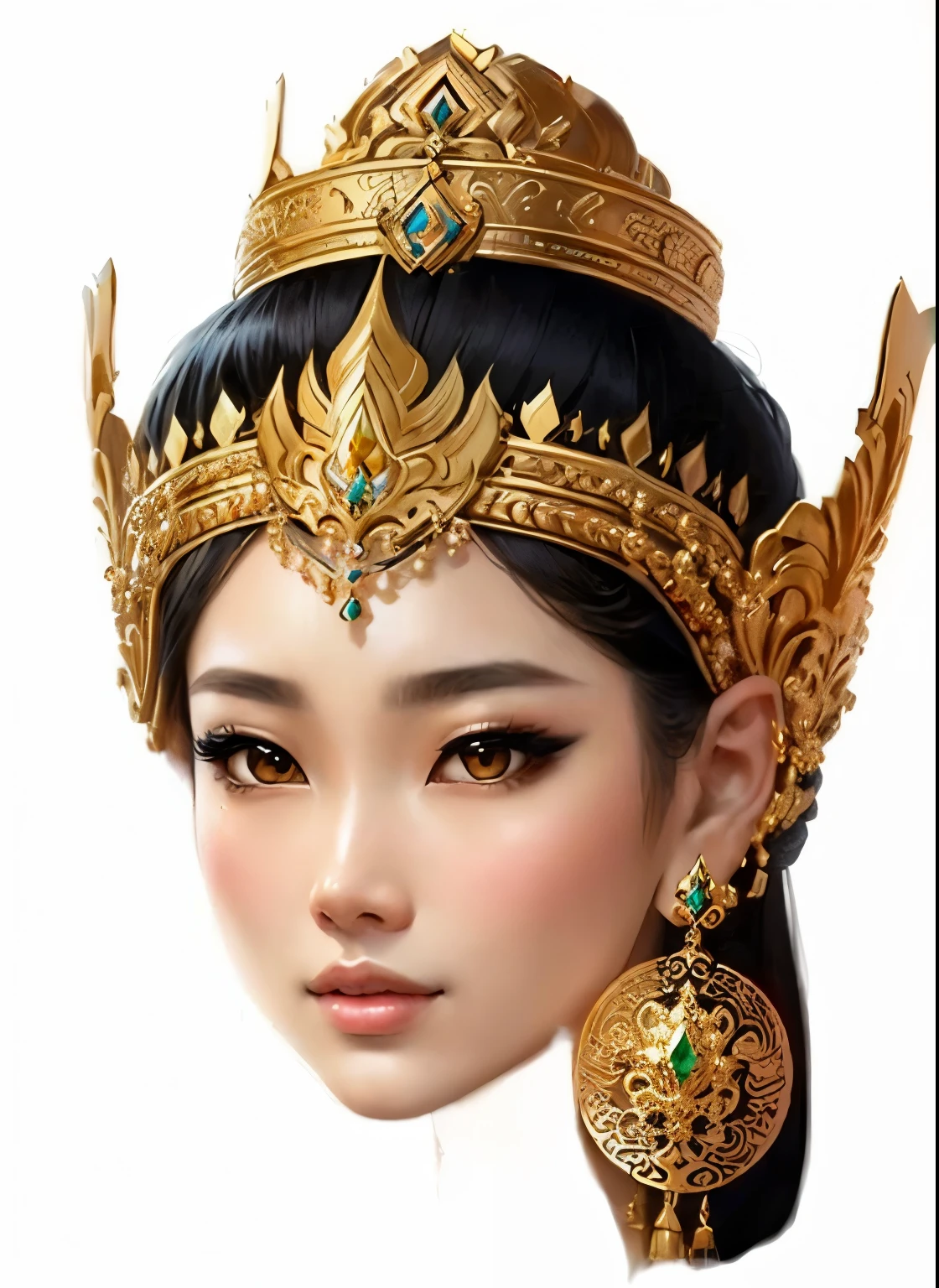 a woman with a crown on her head and earrings, south east asian with round face, oriental face, a beautiful fantasy empress, asian face, anime thai girl, thailand art, ((a beautiful fantasy empress)), 3 d goddess portrait, south east asian with long, detailed face of a asian girl, gorgeous and huge head ornaments, portrait of a beautiful goddess