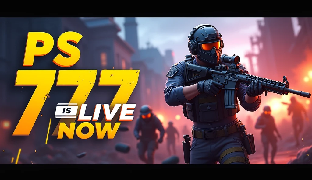 
**Text Prompt:**
"Create a YouTube thumbnail for a Free Fire gaming live stream titled 'PS 777 is LIVE NOW'. The design should be in a 16:9 ratio, featuring a dramatic battleground background with vibrant, intense colors. Highlight a popular Free Fire character engaged in combat, centrally positioned. The text 'PS 777 is LIVE NOW' should be large, bold, and in yellow and white letters with a slight shadow effect. The overall design should be dynamic and clean, with high-contrast colors like reds, yellows, and dark tones to make it visually striking..!!