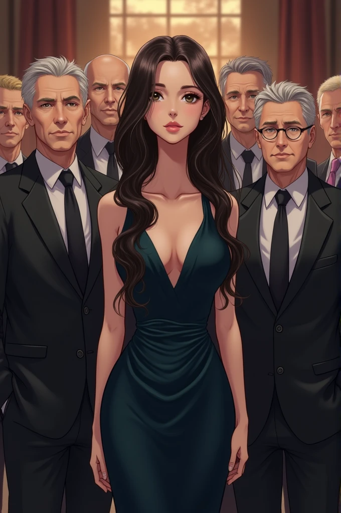 gorgeous 19 y.o. girl,gorgeous girl, score_9,score_8_up,score_7_up,source_anime,masterpiece,best quality, LONG HAIR WOMAN,make up, opened eyes, black eyes,olds man,(4 old man),(surrounded by old man, 3 olds man), group photo,FORMAL DRESS,SECRETARY