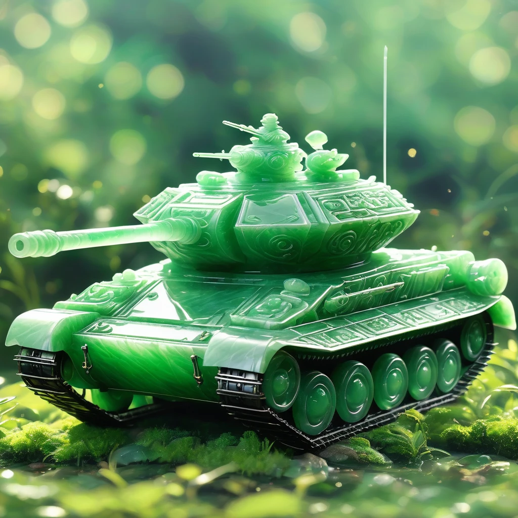 best quality, very good, 16K, ridiculous, Very detailed, Armored Tank，Made of translucent jadeite, Background grassland（（A masterpiece full of fantasy elements）））， （（best quality））， （（Intricate details））（8K）