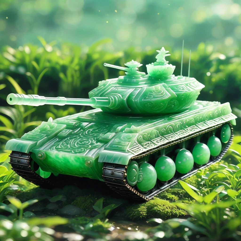 best quality, very good, 16K, ridiculous, Very detailed, Armored Tank,Made of translucent jadeite, Background grassland((A masterpiece full of fantasy elements))), ((best quality)), ((Intricate details))(8K)