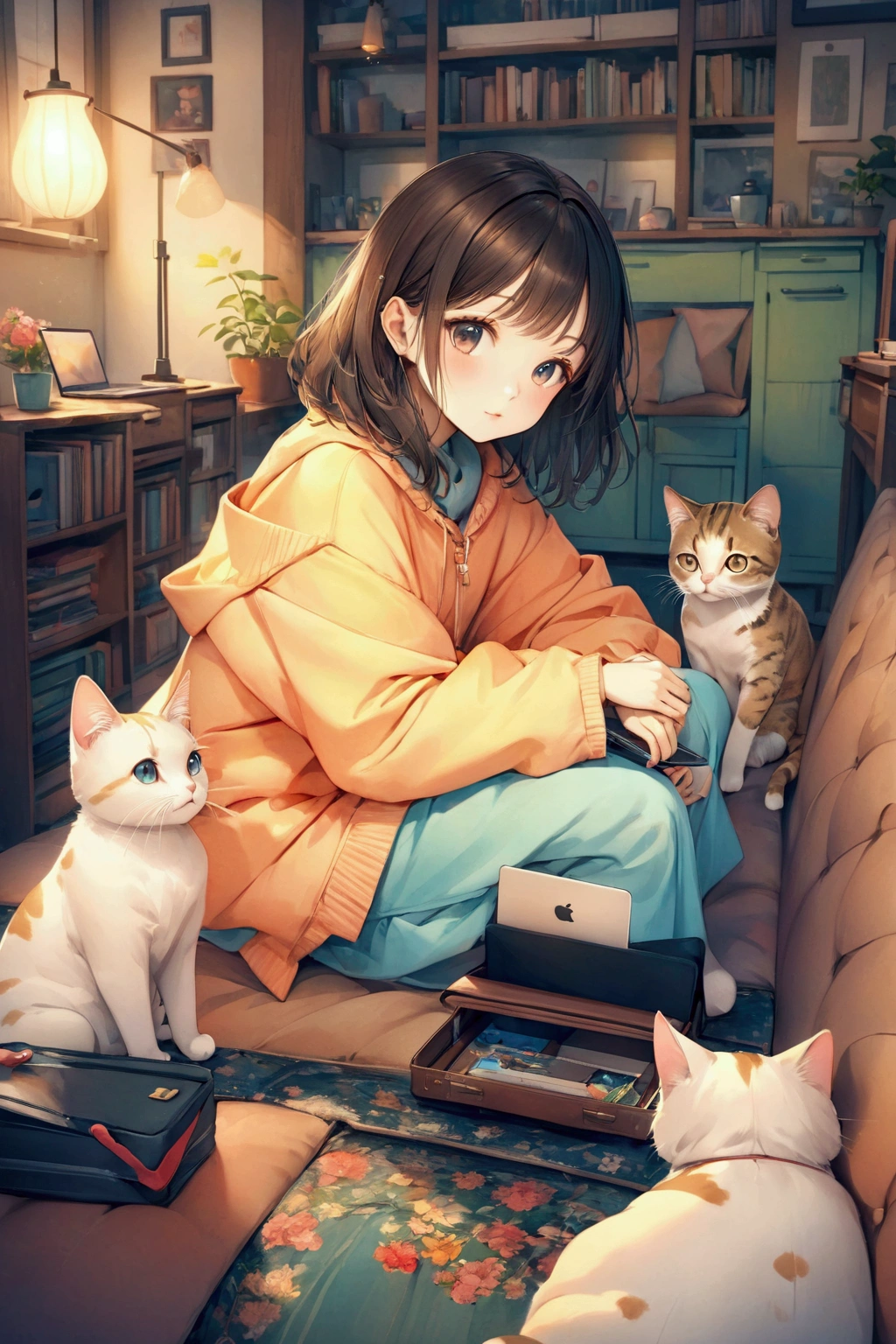 Anime girl sitting on a sofa with two cats and a laptop, Digital anime illustration, Anime Style. 8k, Digital anime art, Realistic Anime 3D Style, Anime Style 4 k, Created by Anime Painter Studio, Gweiz-style artwork, Cute cat anime visuals, Painted in an anime artist's studio, Beautiful anime cat girl