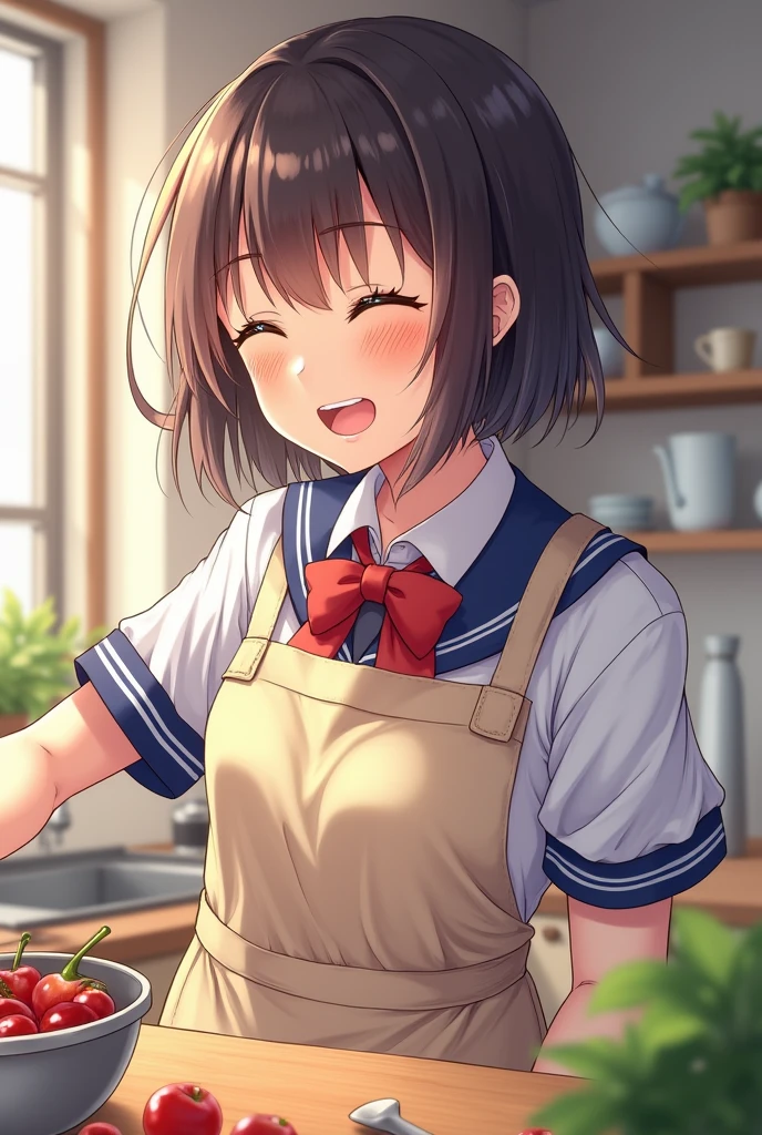 (((masterpiece, Ultra-high resolution, 8k))),((最high quality, high quality)) (Highly detailed face),(Convenient censorship, Highly detailed thick line drawing, ) break, A woman in a school uniform is laughing in the kitchen, She wears an apron over her clothes, break, (Front lighting, kitchen, )