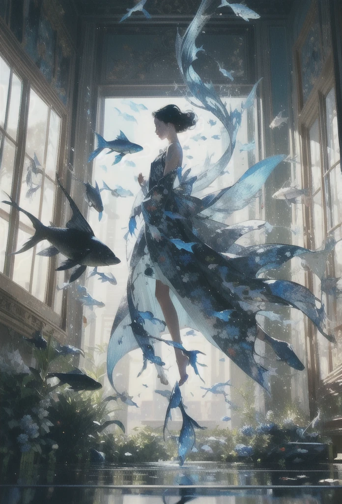 Generate an illustration of a beautiful girl looking at a museum exhibition room lined with fish bone specimens, in the style of Takato Yamamoto. The main focus is on the fish specimens. The exhibition room is dark, and only the fish bone specimens are lit up. Please incorporate fantasy elements into the fantastical scenery.