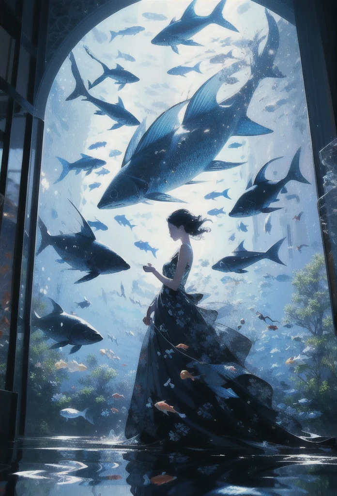 Generate an illustration of a beautiful girl looking at a museum exhibition room lined with fish bone specimens, in the style of Takato Yamamoto. The main focus is on the fish specimens. The exhibition room is dark, and only the fish bone specimens are lit up. Please incorporate fantasy elements into the fantastical scenery.