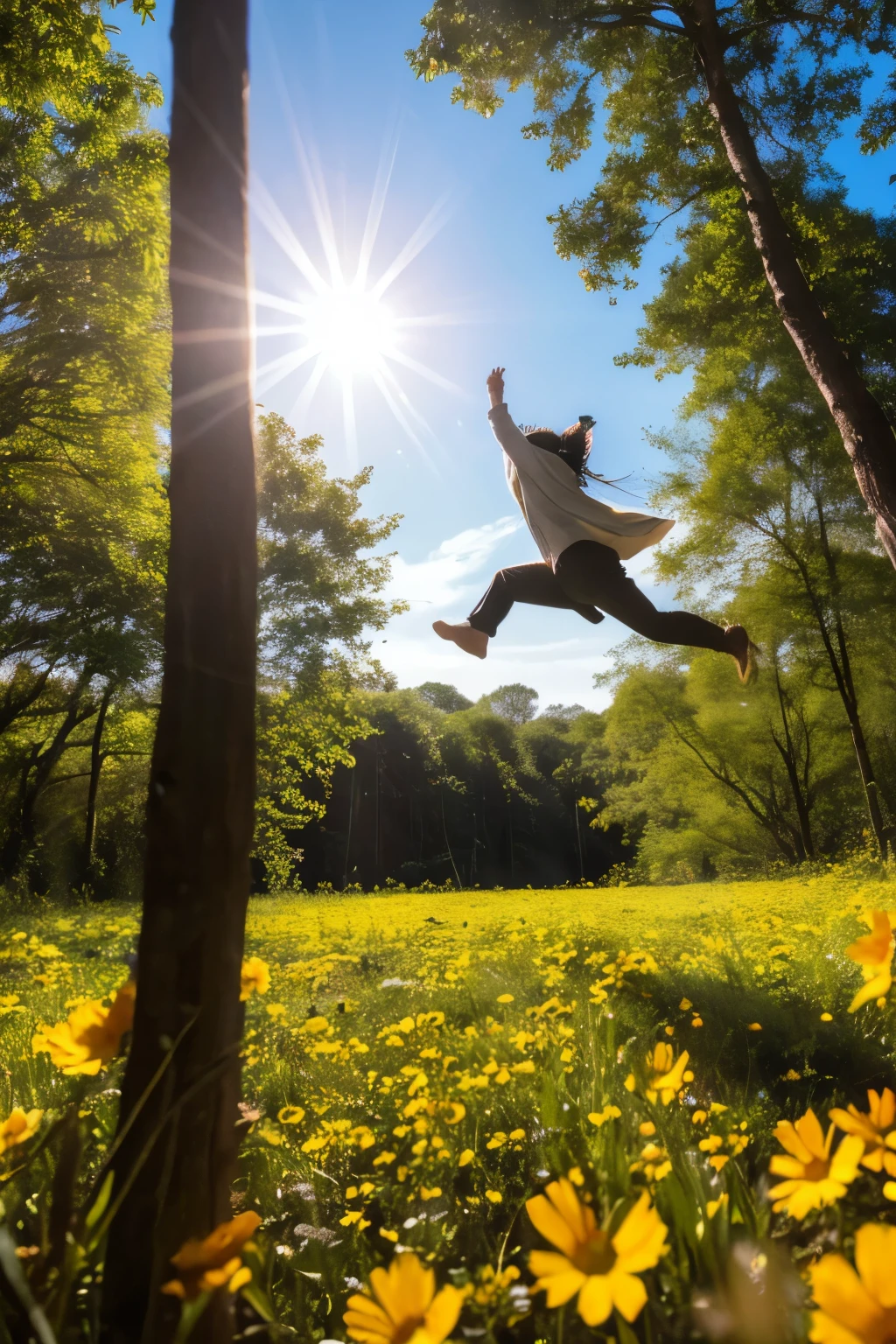 Light of the sun　Blooming flowers　in the forest　Birds are flying　7 people are jumping