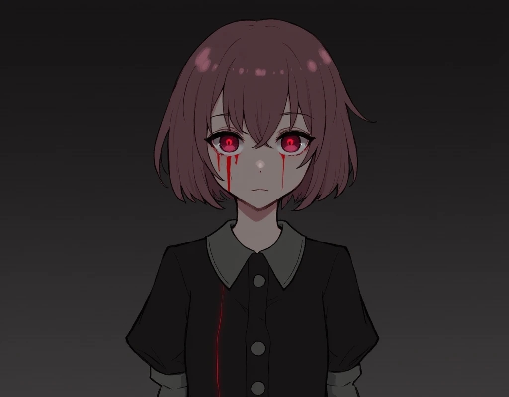 1girl, pale skin, fresh wounds, dark pink hair, short hair, (glowing red sclera: 1.4), narrow eyes, black dress, dark colors, dark shades, gloomy tones, pastel colors, shadowed face, gloomy