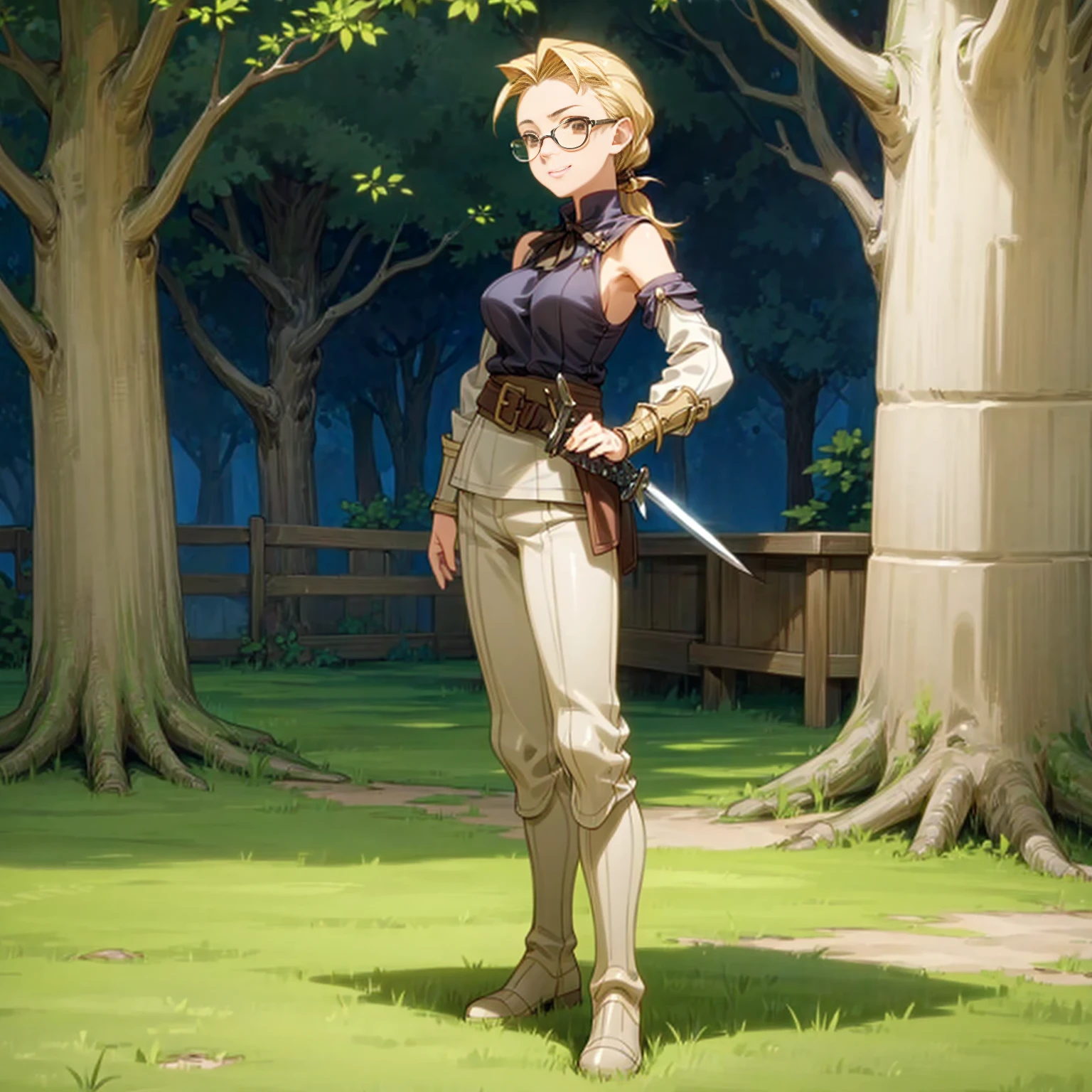 Solo character, full body version, young girl, brown eyes, blonde color hair, long bob hair, casual clothing, bare shoulder clothing, boots, outdoor, town, medieval, morning, standing gesture, detailed background, detailed clothing, detailed hair, happy eyes, (food wars style art), glasses, sword in hand, very big breast 