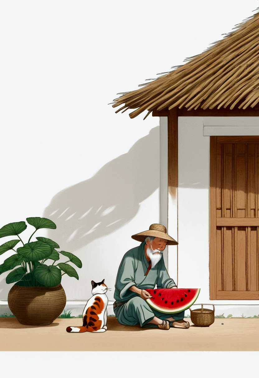 (((Negative Space,far away,Corner Composition))).An old man wearing a straw hat sitting under a thatched roof eating watermelon,A tabby cat sitting beside. Characteristics of Manga Style,sketch,Rich and colorful cartoon illustrations. Simple lines,Flat shading,Featuring a Chinese-style cartoon character (Predominantly White Background:2),(Large area of blank),,Simple background,(Large area of blank)