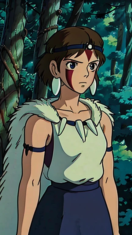 (1girl, PMsun), (extremely detailed CG unit 8k wallpaper),(master part), (best quality), (ultra detail), (best illustration),(ghibli style), cowboy shot, (Sharp eyeliner, ombre, detailed eyes:1), forest, outdoors background, ,break , (GHIBLI_Background), upper body, brown hair,facepaint, mask on head,fur,headband,earrings, tooth necklace, collarbone,bare shoulders,bare arms,armband,fur cape, shirt, black skirt,