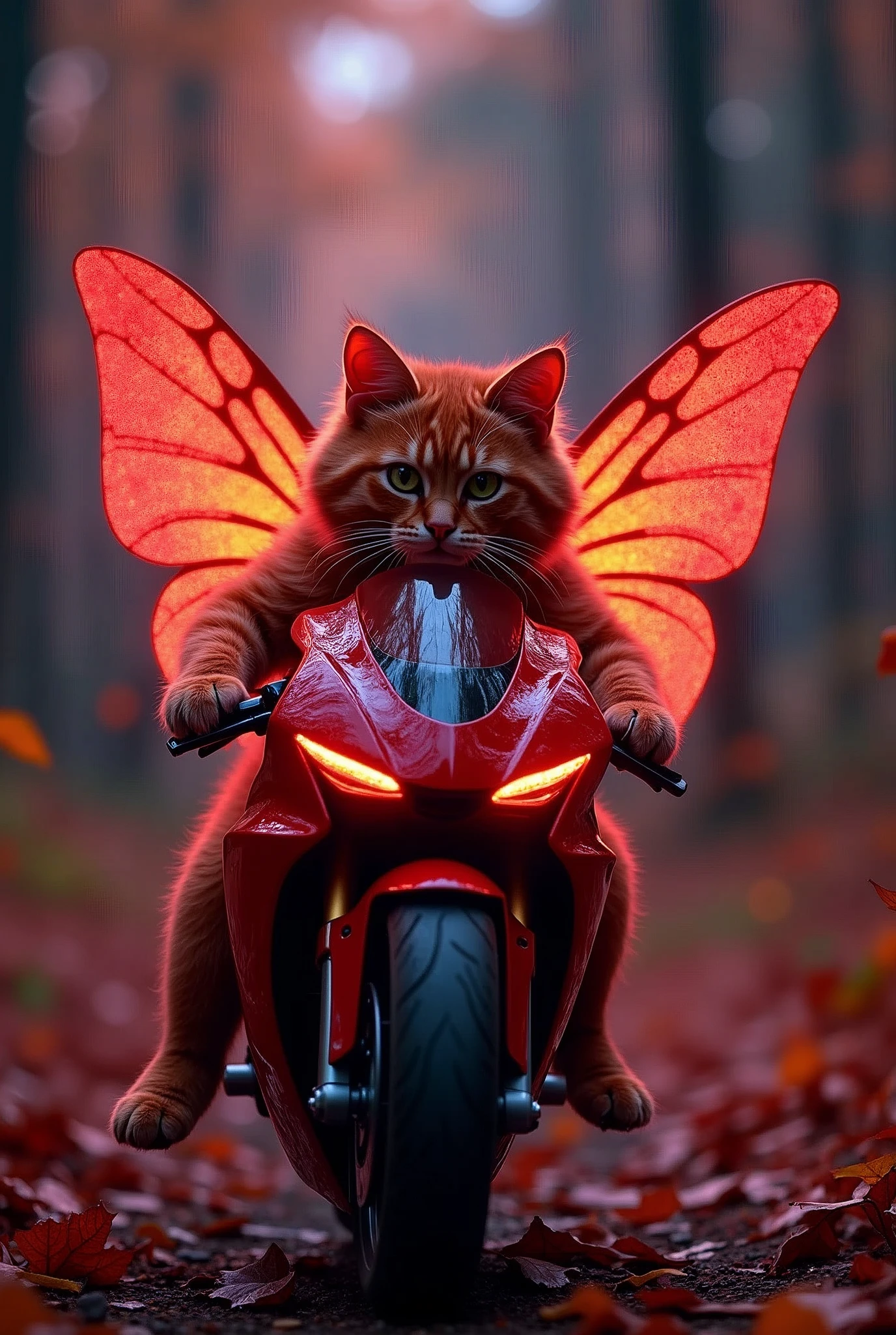 Red cat riding a motorcycle like in motogp ,(highly detailed:1.2),(best quality:1.2),(8k:1.2),sharp focus,(subsurface scattering:1.1),award-winning photograph,professional portrait photography,(close shot:1.1) (glowing bioluminescent forest:1.2),iridescent fairy wings,sultry expression (very detailed background:1.2),(magical fantasy:1.0), (knollingcase:1.1),(analog style:1.1),(modelshoot style:1.2),dramatic lighting