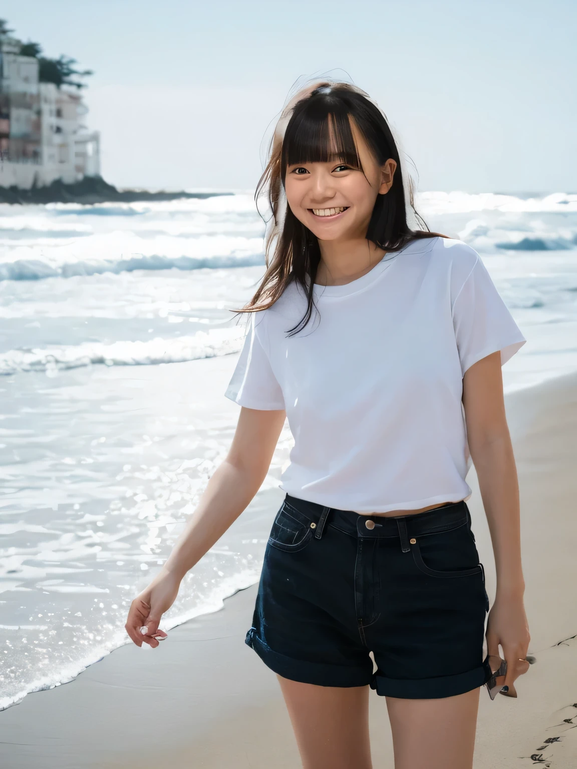 masterpiece,Highest quality(8k),Highest quality,masterpiece:1.2)、(Real、Photorealistic:1.37),Super detailed,A woman looking at the camera on the beach at Enoshima,Wearing a white T-shirt,Long black denim shorts,barefoot,barefoot,Posing for a photo,Distant scenery is blurry