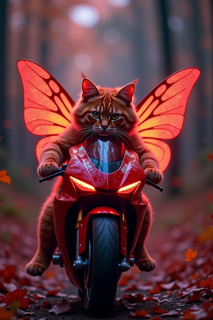 Red cat riding a motorcycle like in motogp ,(highly detailed:1.2),(best quality:1.2),(8k:1.2),sharp focus,(subsurface scattering:1.1),award-winning photograph,professional portrait photography,(close shot:1.1) (glowing bioluminescent forest:1.2),iridescent fairy wings,sultry expression (very detailed background:1.2),(magical fantasy:1.0), (knollingcase:1.1),(analog style:1.1),(modelshoot style:1.2),dramatic lighting