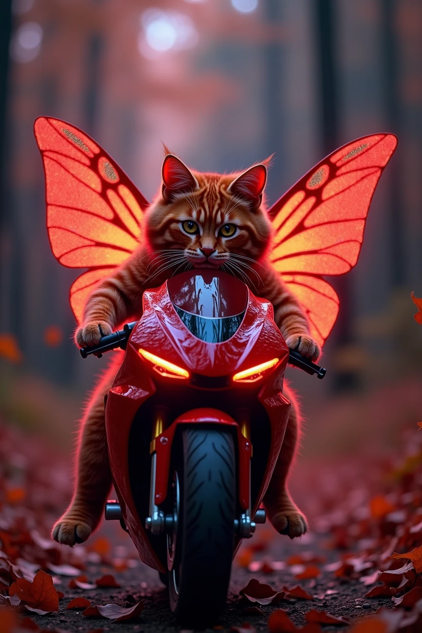 Red cat riding a motorcycle like in motogp ,(highly detailed:1.2),(best quality:1.2),(8k:1.2),sharp focus,(subsurface scattering:1.1),award-winning photograph,professional portrait photography,(close shot:1.1) (glowing bioluminescent forest:1.2),iridescent fairy wings,sultry expression (very detailed background:1.2),(magical fantasy:1.0), (knollingcase:1.1),(analog style:1.1),(modelshoot style:1.2),dramatic lighting