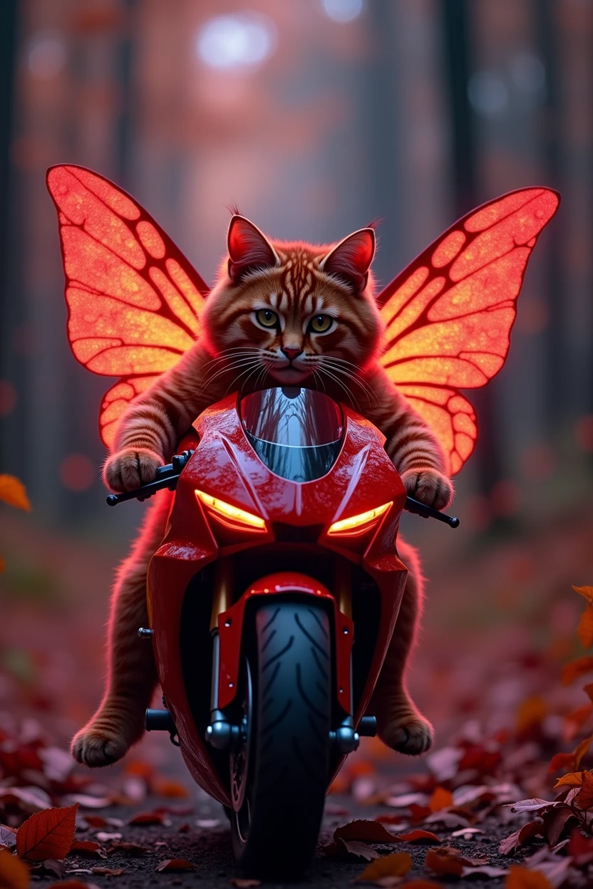 Red cat riding a motorcycle like in motogp ,(highly detailed:1.2),(best quality:1.2),(8k:1.2),sharp focus,(subsurface scattering:1.1),award-winning photograph,professional portrait photography,(close shot:1.1) (glowing bioluminescent forest:1.2),iridescent fairy wings,sultry expression (very detailed background:1.2),(magical fantasy:1.0), (knollingcase:1.1),(analog style:1.1),(modelshoot style:1.2),dramatic lighting