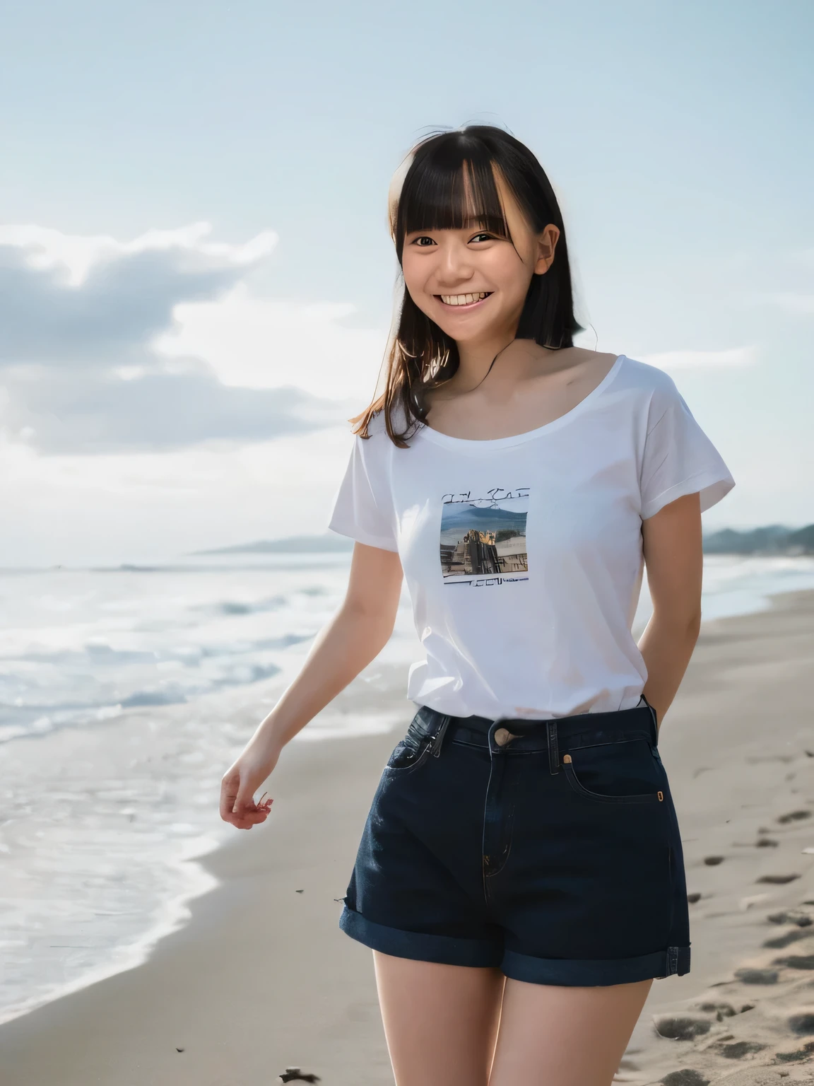 masterpiece,Highest quality(8k),Highest quality,masterpiece:1.2)、(Real、Photorealistic:1.37),Super detailed,A woman looking at the camera on the beach at Enoshima,Wearing a white T-shirt,Long black denim shorts,barefoot,barefoot,Posing for a photo,Distant scenery is blurry